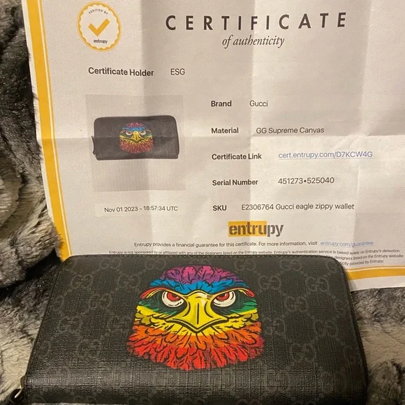 Gucci Long Wallet GG Supreme Eagle Pvc women/Men Black W/COA